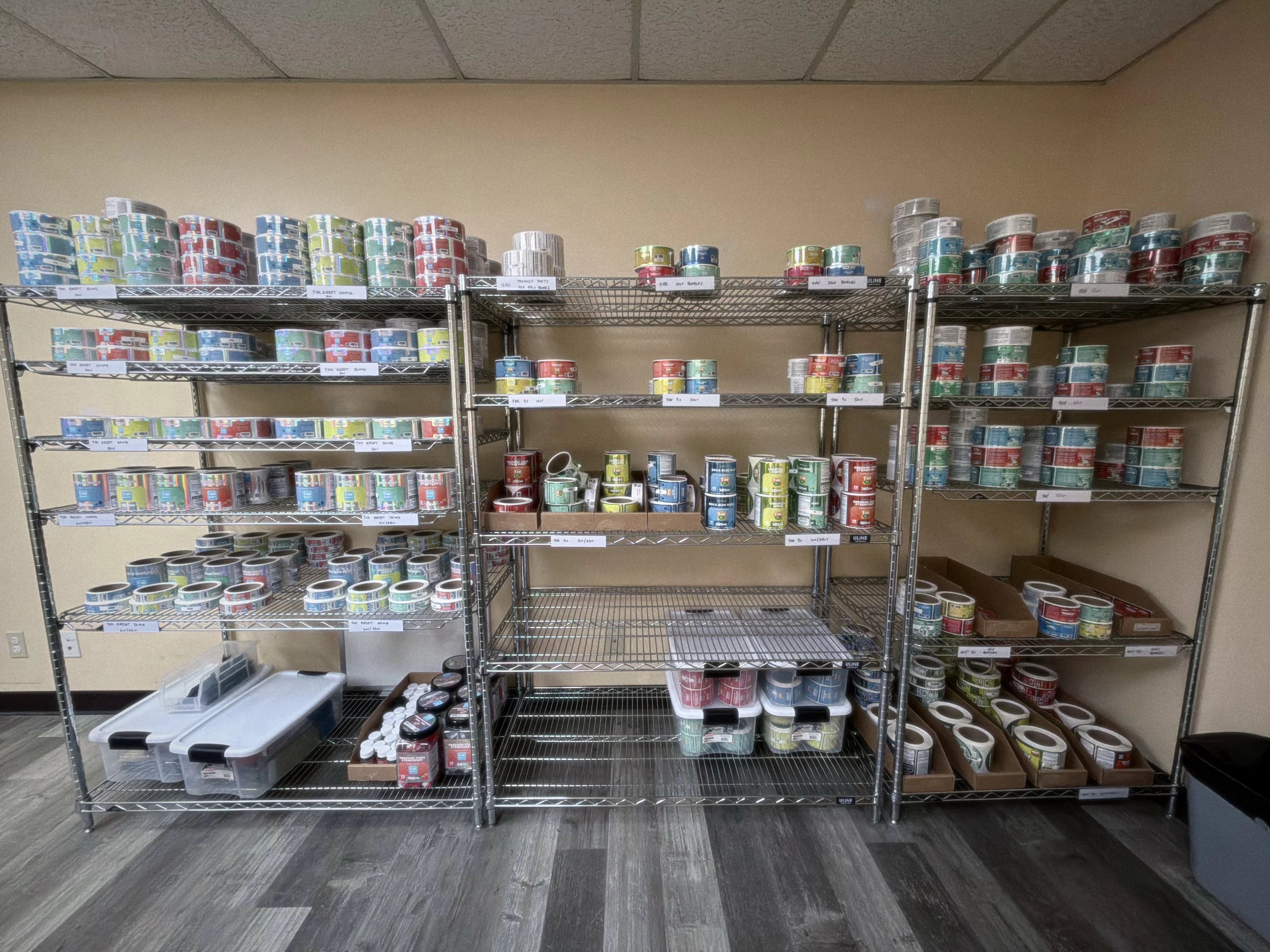 photo of wire racks of labels